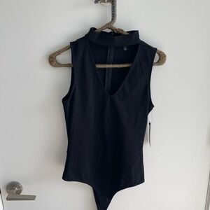 Lulu's Black Mock Neck V-Neck Bodysuit